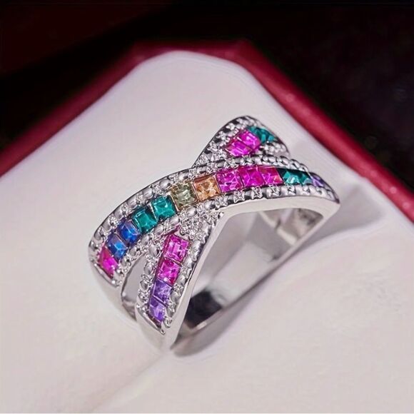 🩷 NEW stunning colorful crystal crisscross ring 🩷 - Picture 2 of 7